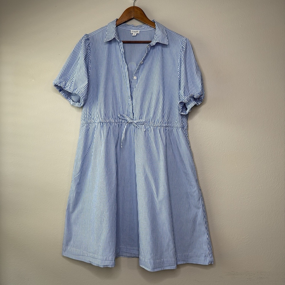 J Crew 18 Striped Puff Sleeve Shirtdress Tie Waist Blue White Coastal Nautical